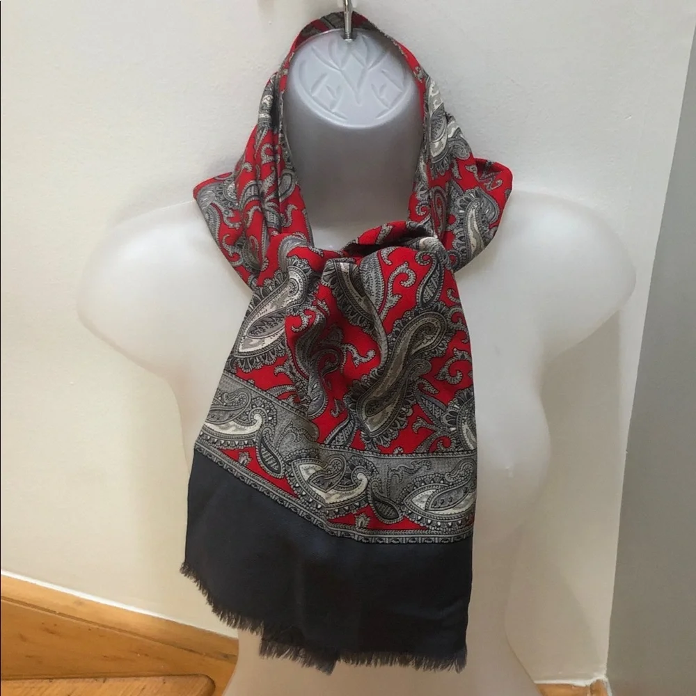 Hand printed in Switzerland Opera Wool Scarf w/ Red & Gray Paisley Design.